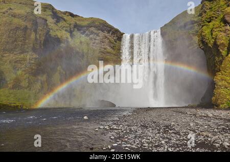 Ein permanenter Regenbogen in Wasserfallspray, Skogafoss Falls, in der Nähe von Vik, Südisland, Polarregionen Stockfoto