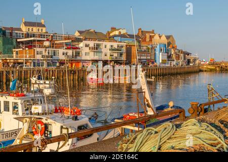 Blick auf Hafenboote und Hafengeschäfte in Bridlington Harbour bei Sonnenuntergang, Bridlington, East Yorkshire, England, Großbritannien, Europa Stockfoto