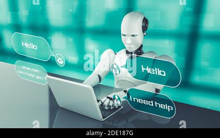 KI-Roboter mit Computer, um mit Kunden zu chatten. Konzept von Chat bot Service bietet Hilfe und intelligente Informationen in sozialen Medien und E-Commerce Stockfoto