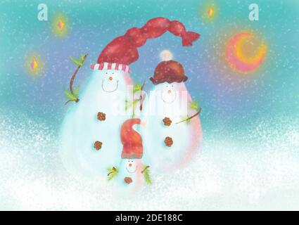Winter Feiertage Grußkarte mit glücklichen Schneemann Familie. Handgezeichnete Illustration Stockfoto