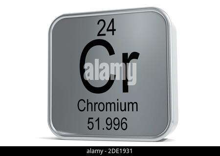 Chromelement-Symbol auf Metallblock, 3D-Rendering Stockfoto