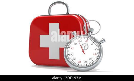 Erste-Hilfe-Kasten mit klassischer Stoppuhr, 3D-Rendering Stockfoto