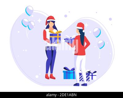 Weihnachtsfeier. Weibliche Freunde tauschen Geschenke aus, wenn Weihnachten kommt. Vektorgrafik. Stock Vektor