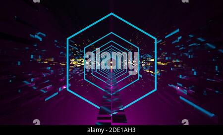 Futuristischer Tunnel, Sechsecke mit Neonlicht. Synthwave-Ästhetik. Digitales 3D-Rendern. Stockfoto