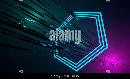 Futuristischer Tunnel, Sechsecke mit Neonlicht. Synthwave-Ästhetik. Digitales 3D-Rendern. Stockfoto