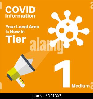 Covid-19 - Tier 1 Local Lockdown Vector Illustration auf einem Orangefarbener Hintergrund mit Megaphon und Viren-Logo Stock Vektor