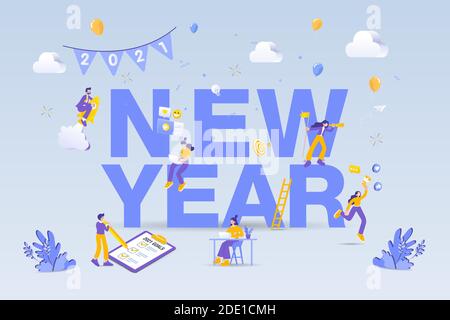 Frohes neues Jahr 2021. 2021 Geschäftsziele Konzeptdarstellung. Marketingfachleute, die Social-Media-Marketing betreiben, nach neuen Möglichkeiten suchen, auf Rakete und Stock Vektor