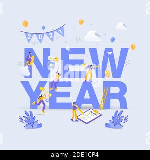 Frohes neues Jahr 2021. 2021 Geschäftsziele Konzeptdarstellung. Marketingfachleute, die Social-Media-Marketing betreiben, nach neuen Möglichkeiten suchen, auf Rakete und Stock Vektor