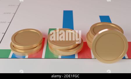 Cashflow-Konzept. Stapel von Münzen, die auf Papier mit Grafiken und statistischen Daten liegen. Geschäftsdokumente mit Diagrammen und Diagrammen. Finanzinvestitionen. Stockfoto