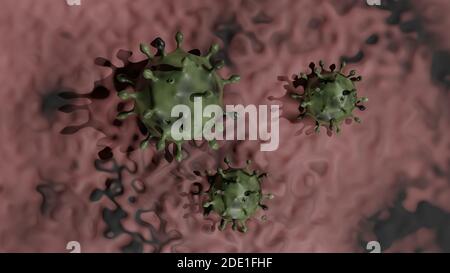 Viren auf einer organischen fleischigen Oberfläche. 3D-Darstellung. Stockfoto