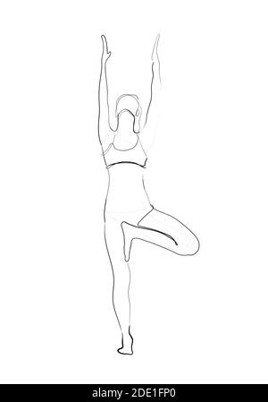 Hand gezeichnete Linie Kunst Illustration von Vrikshasana Pose oder Charakter Frau stehend in einer Baum Pose. Stockfoto