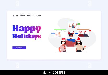 Multi-Generation-Familie in santa Hüte diskutieren während Videoanruf Coronavirus Quarantäne Konzept Neujahr weihnachten Feier horizontal Porträt vektorgrafik Stock Vektor
