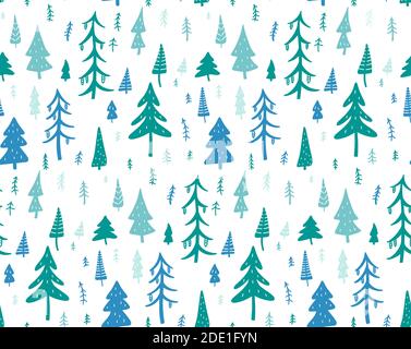 Wald nahtlose Muster skandinavischen Stil. Verschiedene Weihnachtsbäume im Winter. Handgezeichneter Hintergrund Vektor Illustration Doodle Stock Vektor