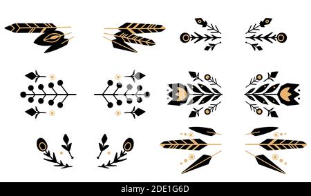 Set von schwarzen Silhouette Tribal natürliche Trennwände und Gold Ornamente. Horizontale Elemente für Rahmen. Geometrische Blume und Zweig. Natives Vektorelement Stock Vektor