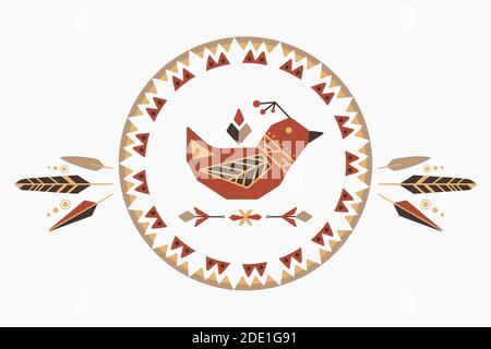 Festliche horizontale Osterkarte mit Vogel in geometrischem Rahmen, florales Tribal-Dekorationsmuster auf weißem Hintergrund. Vector Boho Grußkarte für Inv Stock Vektor
