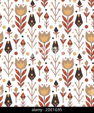 Nahtloses Tribal-Muster auf weißem Hintergrund. Tulpen und Zweige mit Blättern und Punkten. Vector native Vorlage für Tapeten, Textil, Karte und Ihre Stock Vektor