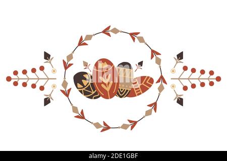 Festliche horizontale Osterkarte mit Eiern, runder Rahmen, florales Tribal-Dekorationsmuster auf weißem Hintergrund. Vector Boho Grußkarte für die Einladung Stock Vektor