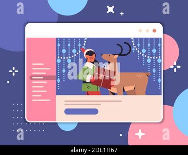 Mädchen Elfe mit Rentier im Web-Browser-Fenster glücklich neu Jahr fröhlich weihnachten feiern Konzept Online-Kommunikation selbst Isolation Horizontale Vektordarstellung im Hochformat Stock Vektor