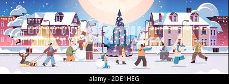 Mix Rennen Menschen in Masken mit Winter Spaß Männer Frauen Walking Outdoor Coronavirus Quarantäne Konzept volle Länge horizontale Vektor-Illustration Stock Vektor