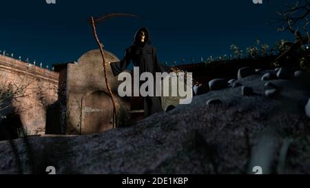 Ein Friedhof und Todesskelett in der Kapuze stehen auf Es mit einer Sense auf einem nächtlichen Hintergrund - 3d Rendering Stockfoto