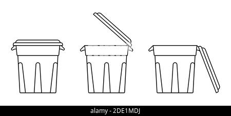 Symbol, Mülleimer mit offenem und geschlossenem Deckel. Isolierter Schwarz-Weiß-Vektor auf weißem Hintergrund Stock Vektor