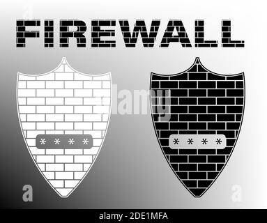 Firewall-Zeichen. Schwarz-weiß Gebäude Backstein Schild mit einem Stift Eingabefenster. Schutz von Netzwerkdaten. Isolierter Vektor Stock Vektor