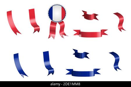 Etikett, Set aus roten und blauen Bändern mit Anhänger, in den Farben der französischen Flagge. Isolierter Vektor auf weißem Hintergrund Stock Vektor