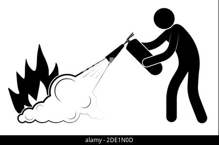 Der Mensch löscht ein Feuer aus einem Feuerlöscher. Notfallmaßnahmen. Gefährliche Berufe. Isolierter Vektor auf weißem Hintergrund Stock Vektor