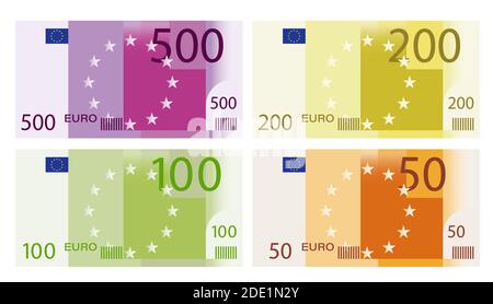 Banknoten von 500, 200, 100 und 50 Euro. Vorlagen für Design. Isolierter Vektor auf weißem Hintergrund Stock Vektor