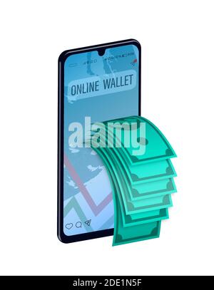 Online-Wallet, Einkäufe auf der Website oder in der mobilen Anwendung. Smartphone mit einem Fan von Dollar aus dem Bildschirm. Digitale Technologie Transfer pa Stock Vektor