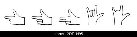 Handgesten mit gebeugten und zeigenden Fingern. Symbole in einem linearen Stil. Gestikulation. Vektor auf weißem Hintergrund Stock Vektor