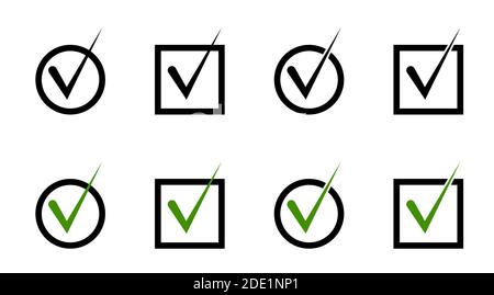 Fenstersatz. Runde und quadratische Zellen für die Abstimmung. Ein Häkchen, ein Häkchen über die gewählte Option. Isolierter Vektor auf weißem Hintergrund Stock Vektor