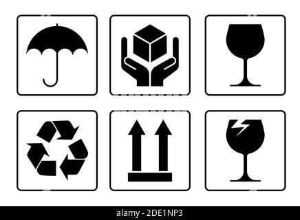 Satz von Verpackungssymbolen für Waren. Trocken, brüchig, recyceln. Isolierter Vektor auf weißem Hintergrund Stock Vektor
