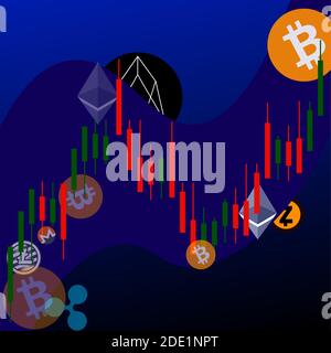 Top 10 Kryptowährung auf der Welle des Wachstums in einem flachen Stil, die Grafik der Kerzen Stock Vektor