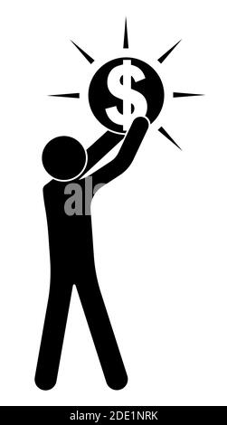 Stockfigur, der Mensch hebt ein Dallar-Symbol über seinen Kopf. Leidenschaft, Verehrung von Geld und Reichtum, Gier. Isolierter Vektor auf weißem Hintergrund Stock Vektor