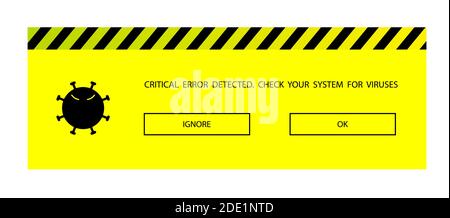 Meldung zur Virenerkennung, kritischer Systemfehler. Malware-Schutz. Schwarzes und gelbes Schild Stock Vektor
