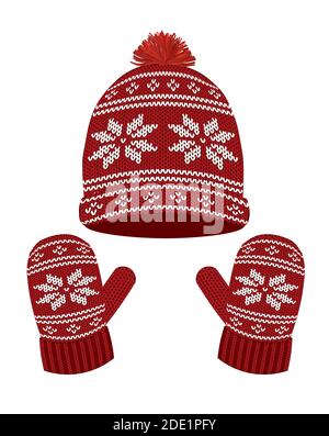 Rot gestrickte Wintermütze und Handschuhe, Vektor Stock Vektor