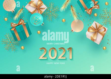 Weihnachtshintergrund mit realistisch fallenden Geschenken und festlichen Dekorationen. Goldene metallische Zahlen 2021. 3D-Vektordarstellung Stock Vektor