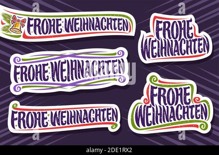 Vektor-Set für Frohe Weihnachten in deutscher Sprache, 5 Papier-Logos geschnitten mit deutschem Text - frohe weihnachten, dekorative Schnörkel, GO Stock Vektor