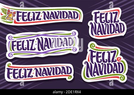 Vektor-Set für Frohe Weihnachten in spanischer Sprache, 5 Papier-Logos geschnitten mit spanischem Text - feliz navidad (frohe weihnachten), dekorative Schnörkel, Gold Stock Vektor