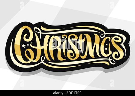 Vektor-Logo für Frohe Weihnachten, dunkel ausgeschnittene Zeichen mit wirbeligen kalligraphischen Schrift, gelbe Schnörkel, dekorative Locken und Sterne, einzigartige Pinsel Letterin Stock Vektor