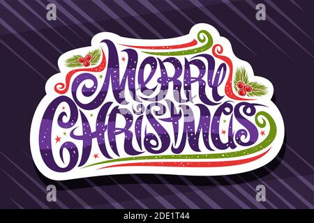 Vektor-Logo für frohe Weihnachten, schneiden Papier Beschilderung mit wirbeligen kalligraphischen Schrift, rot und grün dekorative Schnörkel und Locken, einzigartige Pinsel Letterin Stock Vektor