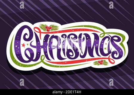 Vektor-Logo für frohe Weihnachten, schneiden Papier Beschilderung mit wirbeligen kalligraphischen Schrift, rot und grün dekorative Schnörkel und Locken, einzigartige Pinsel Letterin Stock Vektor