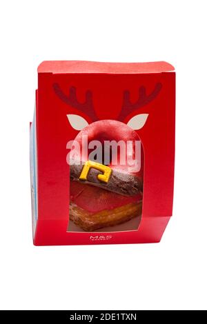 Santa's Yumnuts, Kreuzung zwischen einem Donut und einem Yum Yum von M&S in-Store Bäckerei in Box - Santa's Yumnut Stockfoto