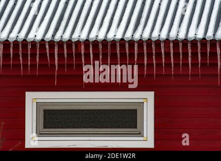 Weißes Fenster an der roten Wand, hängende Eiszapfen vom Dach. Stockfoto