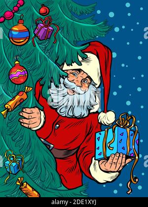 Der Weihnachtsmann schaut hinter dem Baum hervor. Weihnachten Hintergrund Stock Vektor