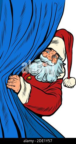 Der Weihnachtsmann schaut hinter dem Vorhang hervor. Weihnachten Hintergrund Stock Vektor