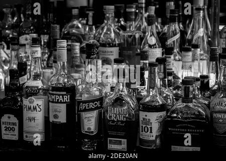 Schwarz-Weiß-Bild von verschiedenen alkoholischen Getränkeflaschen aufgereiht auf einem Regal in einer Bar in München, Deutschland