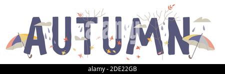 Herbst typografische Banner-Vorlage mit Regenschirmen, Vektor-Illustration isoliert. Stock Vektor