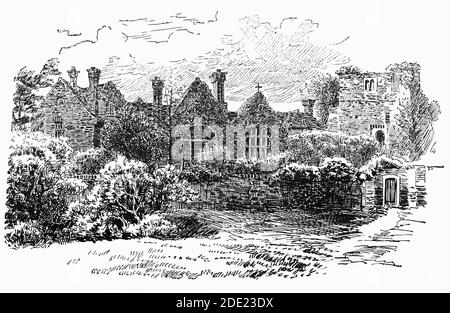 Eine Ansicht des 19. Jahrhunderts der Kapelle am 12. Jahrhundert Farnham Castle, in Farnham, Surrey, England, das den Bischofspalast des Bischofs von Winchester innerhalb der Bezirke der Festung beherbergte. Das Schloss Farnham wurde 1138 von Henri de Blois, Bischof von Winchester, Enkel von Wilhelm dem Eroberer, erbaut und war über 800 Jahre lang das Zuhause der Bischöfe von Winchester. Im frühen 15. Jahrhundert war es die Residenz von Kardinal Henry Beaufort, der den Vorsitz im Prozess gegen Jeanne d'Arc im Jahr 1431. Stockfoto